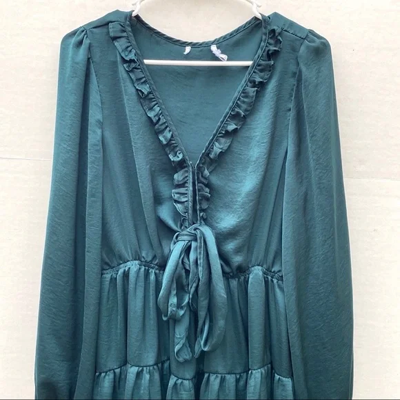Princess Polly Teal size 10 Randi Satin Tie Front Tiered Fit & Flare Mini Dress - Picture 5 of 9